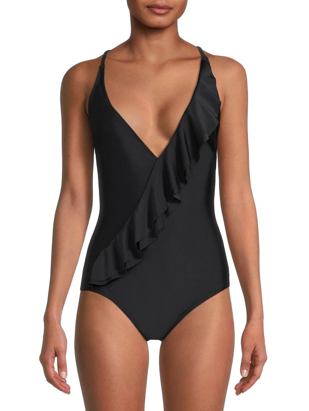 Catherine Malandrino Black One Piece V-Neck Ruffle Front Swimsuit Size Small